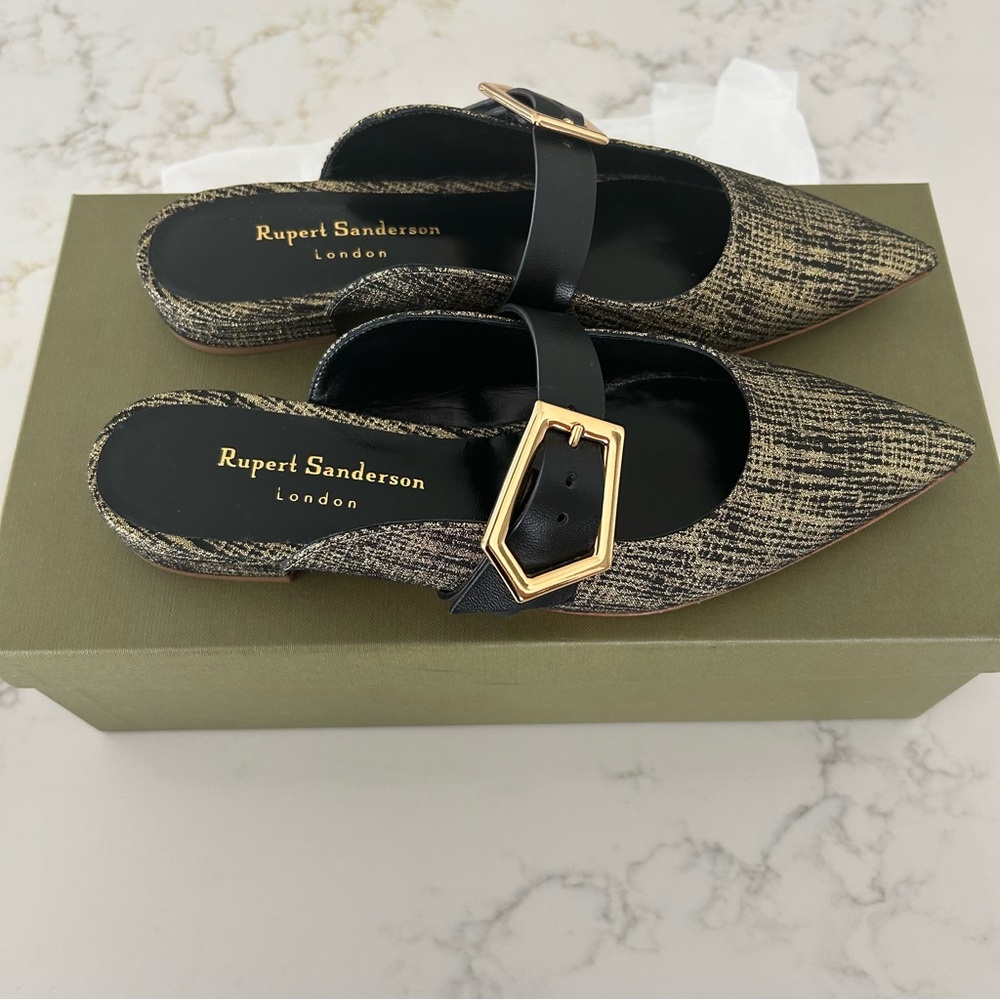 Rupert Sanderson Textured Black and Gold Mules